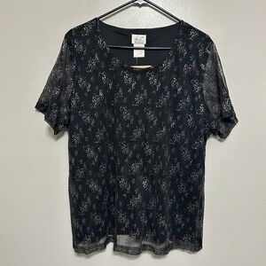 Kathie Lee Blouse Women 14W/16W 34/36 Black NEW Silver Floral Glitter Mesh Lace